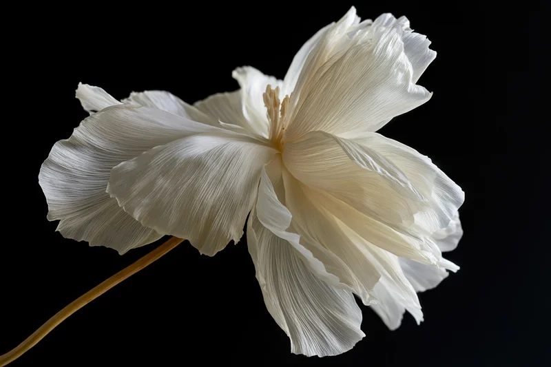 Single white flower with layered translucent petals on black background