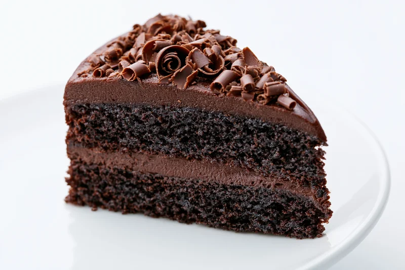 Triangular slice of triple-layer chocolate cake with chocolate curls on white plate