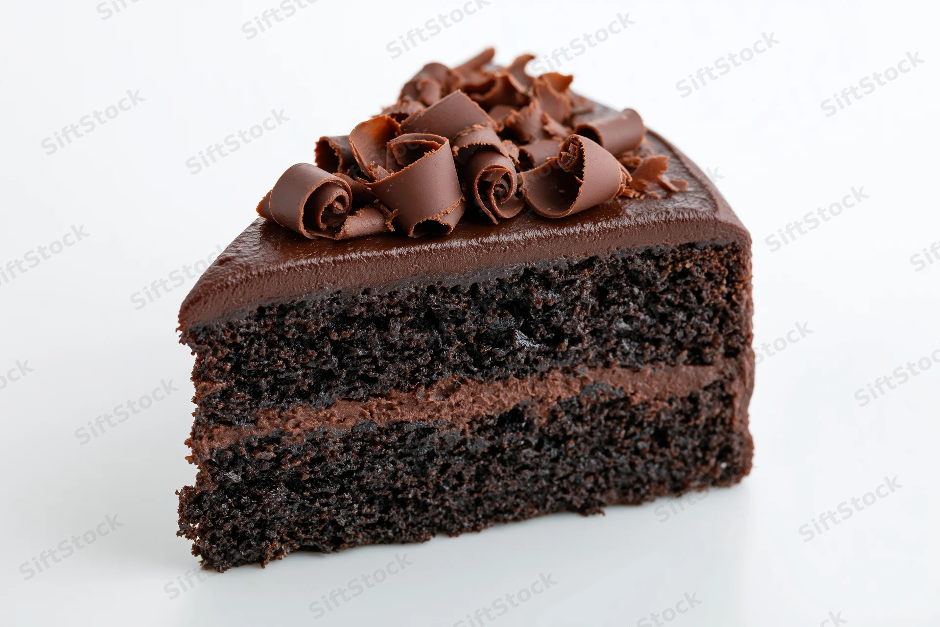 Triangular slice of triple-layer chocolate cake with chocolate curls on top, isolated on white background