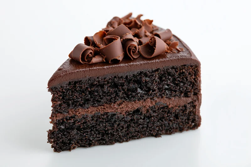 Triangular slice of triple-layer chocolate cake with chocolate curls on top, isolated on white background