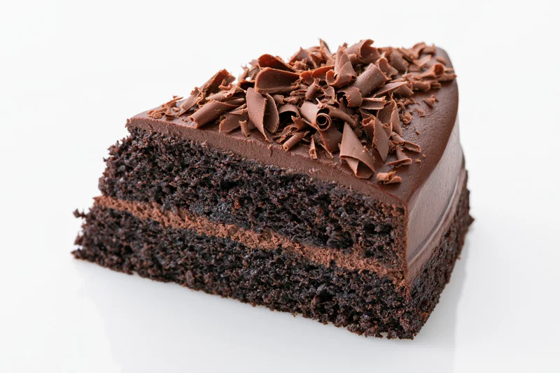 Slice of triangular triple-layer chocolate cake with curls