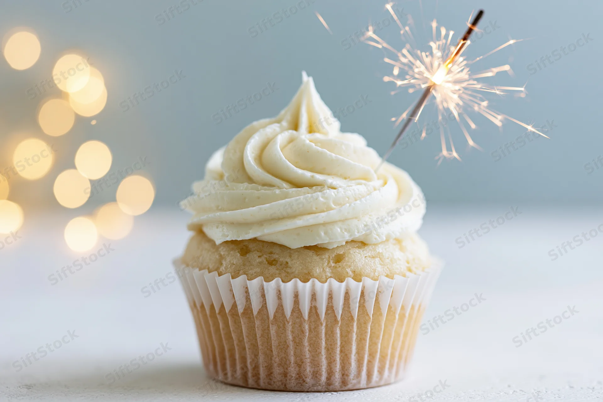 Vanilla cupcake with swirled white buttercream frosting and lit sparkler on a light surface with bokeh lights in the background