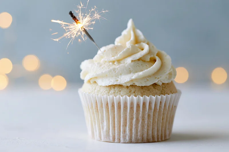 Vanilla cupcake with swirled white buttercream frosting and lit sparkler on top, set against soft bokeh lights