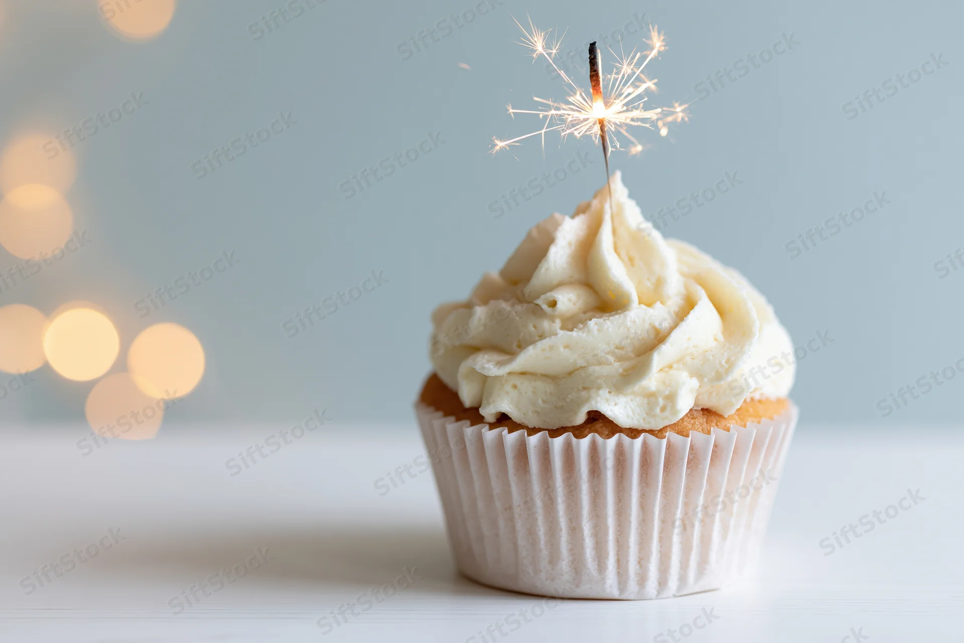 Vanilla cupcake with swirled buttercream frosting and lit sparkler on white surface