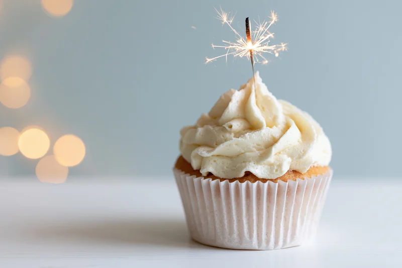 Vanilla cupcake with swirled buttercream frosting and lit sparkler on white surface