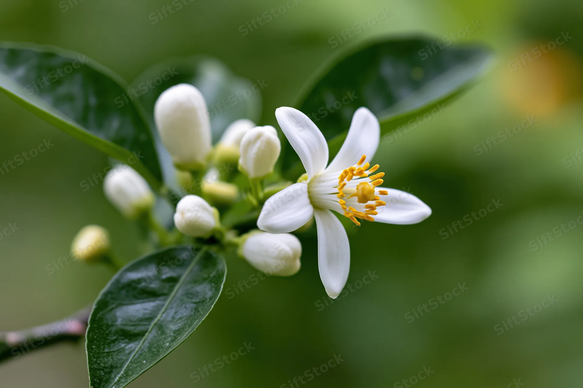 White citrus blossom with yellow stamens on a green leafy branch