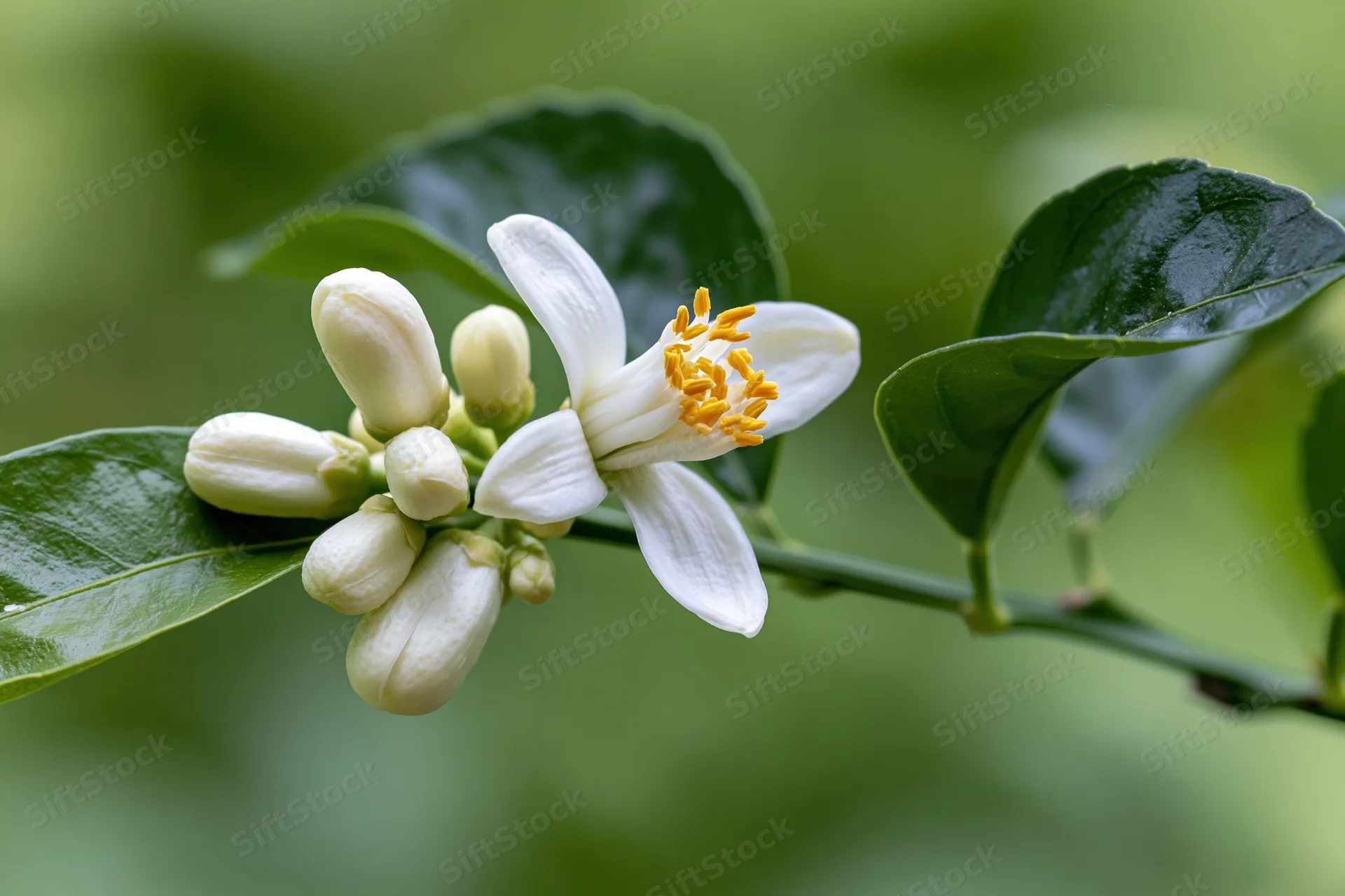 White citrus blossom with yellow stamens and buds on a green leafy branch