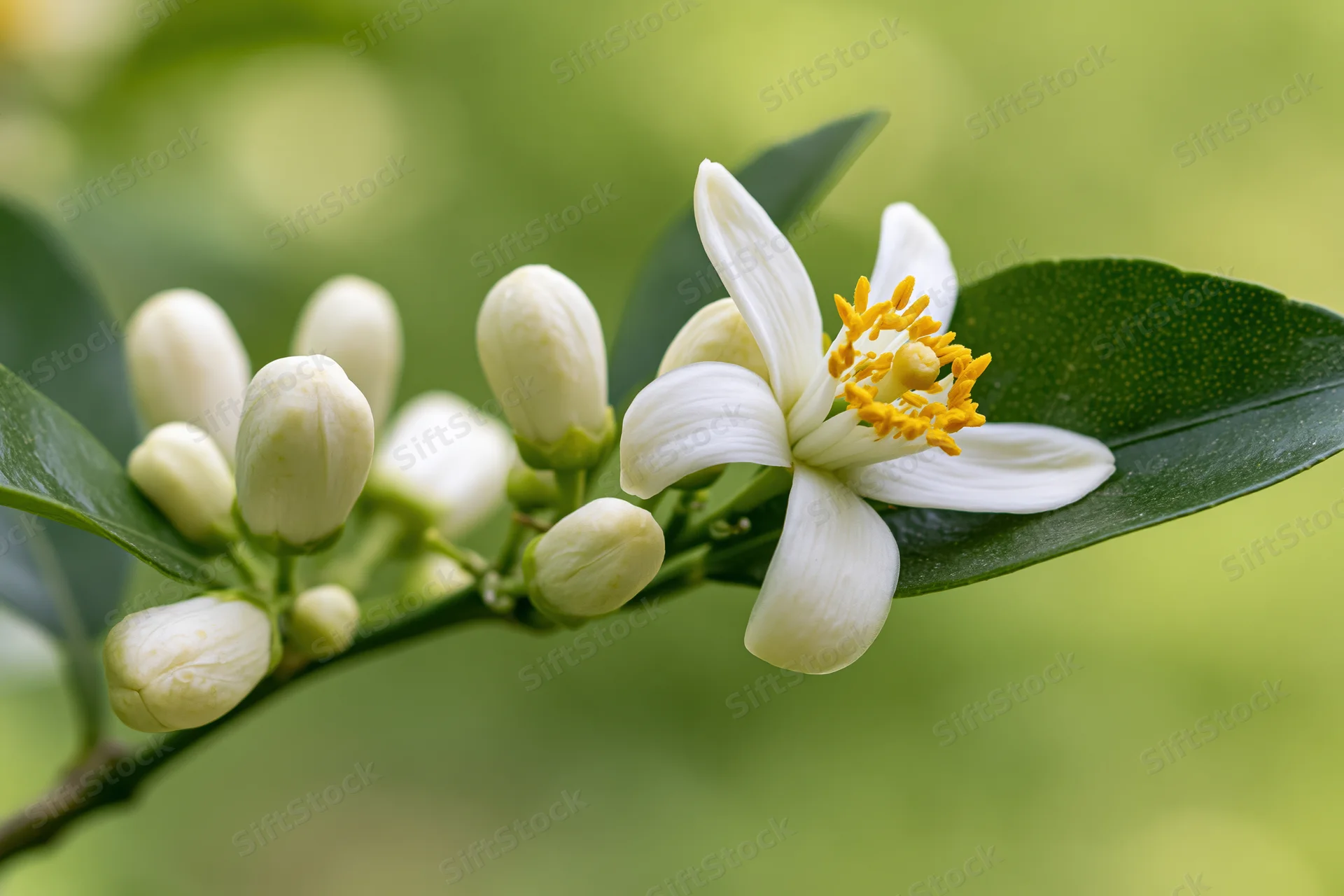 White citrus blossom with yellow stamens blooming on a branch with buds and green leaves
