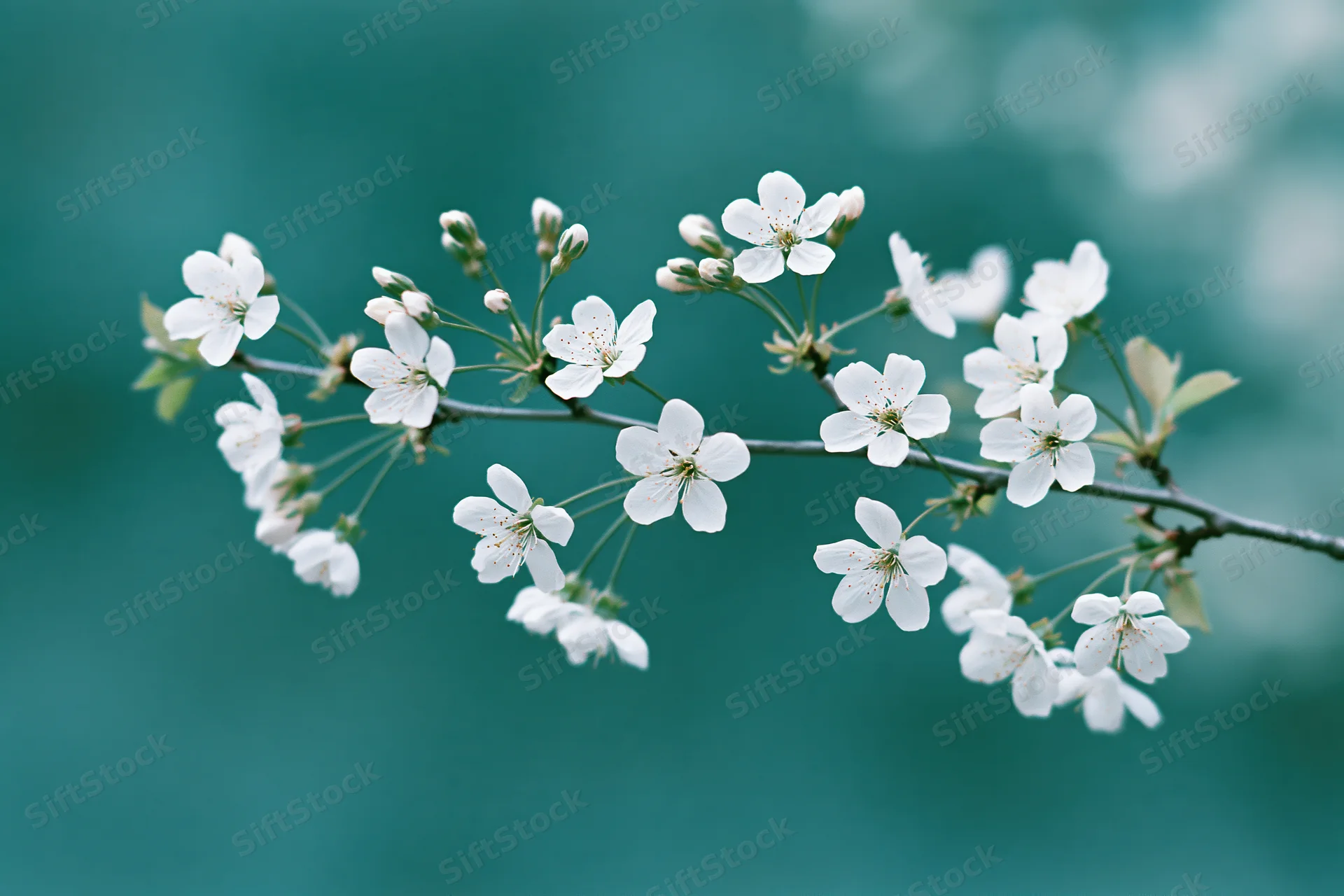 Cherry blossom branch with white flowers blooming against a soft teal background