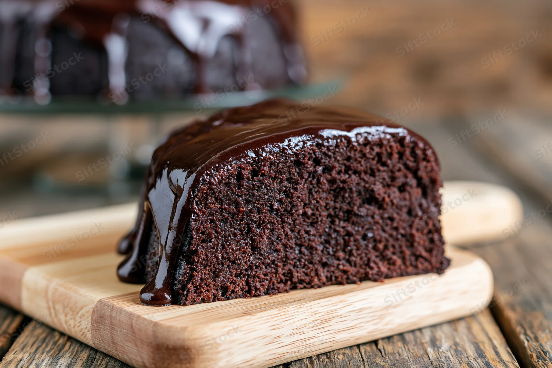 Slice of dark chocolate cake with glossy ganache dripping on wooden cutting board
