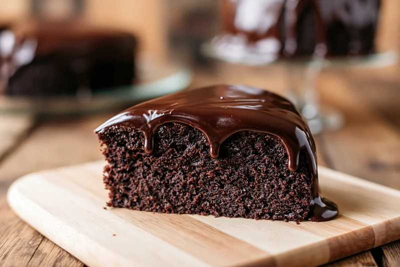 Slice of dark chocolate cake with glossy ganache dripping on wooden cutting board
