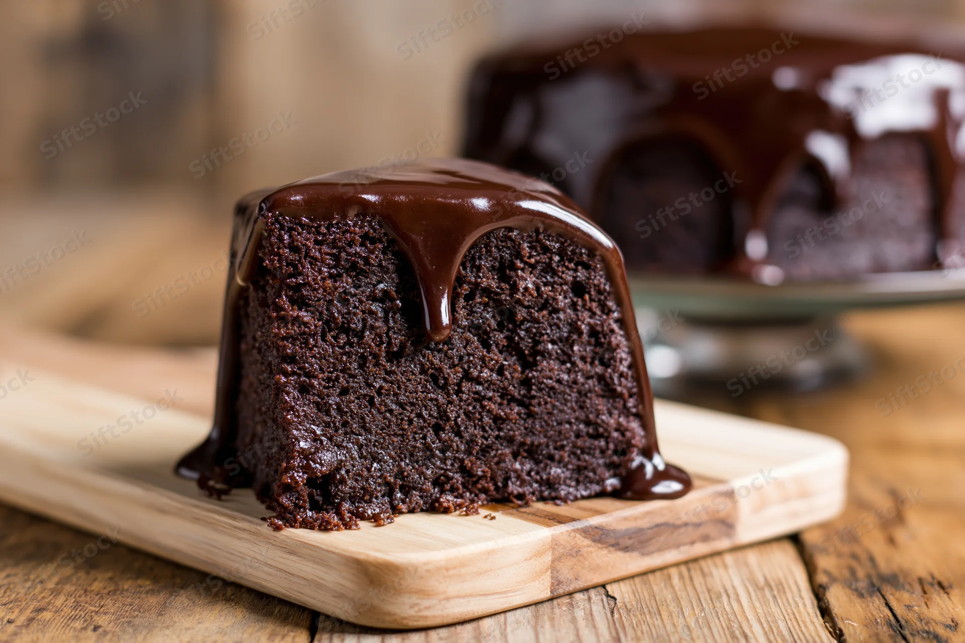 Slice of dark chocolate cake with ganache on board