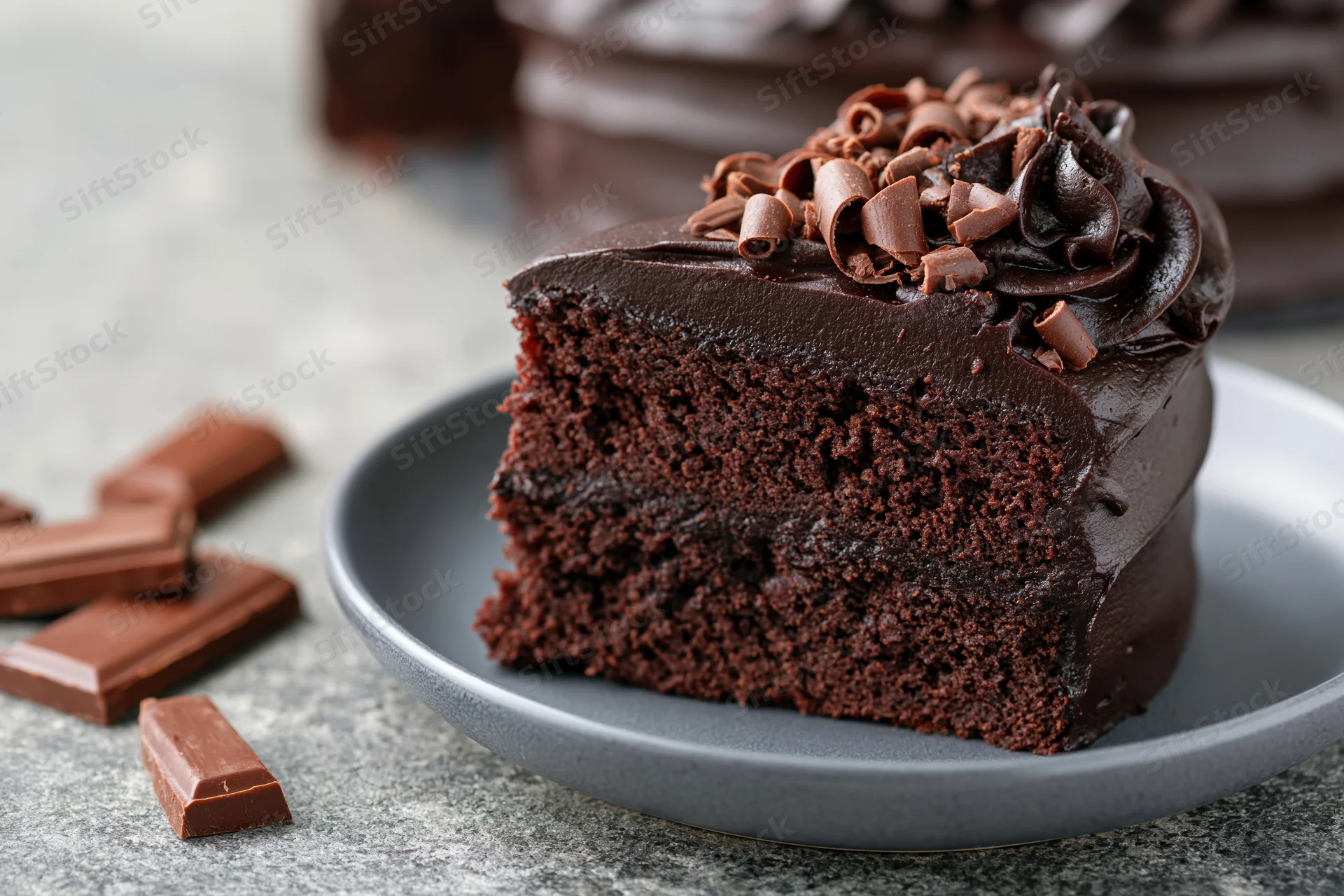 Slice of dark chocolate layer cake with chocolate curls on matte grey ceramic plate