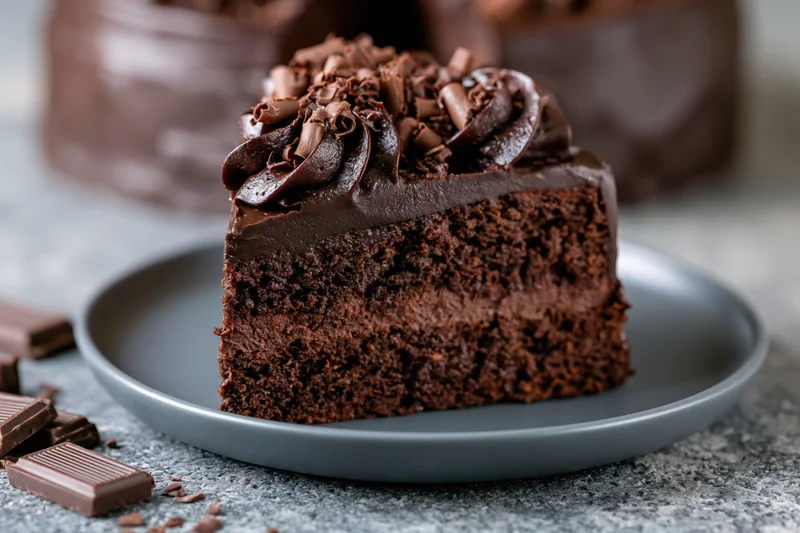 Slice of dark chocolate layer cake with chocolate curls on matte grey ceramic plate