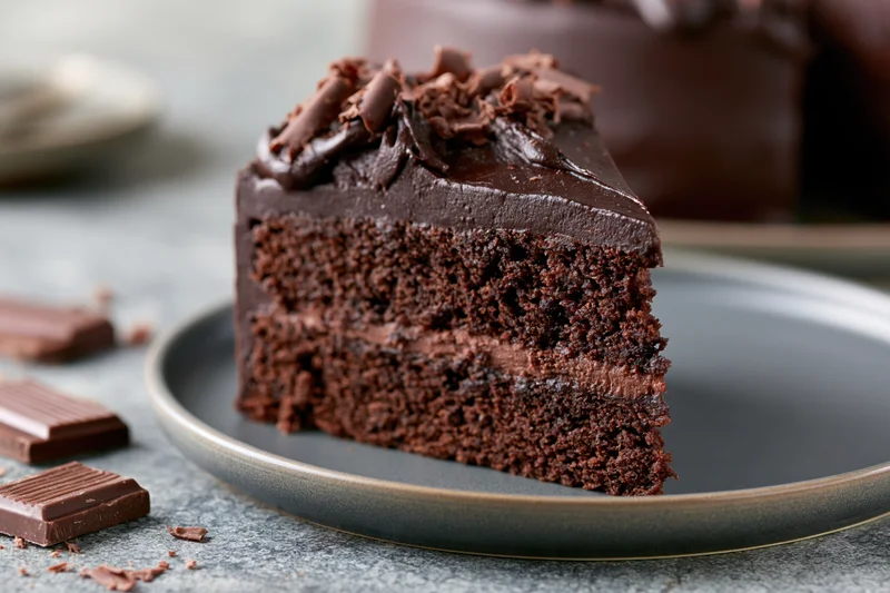 Slice of dark chocolate layer cake on a grey ceramic plate