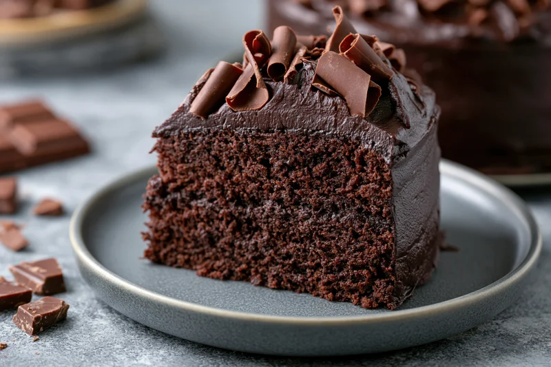 Slice of dark chocolate layer cake with chocolate curls on matte grey ceramic plate