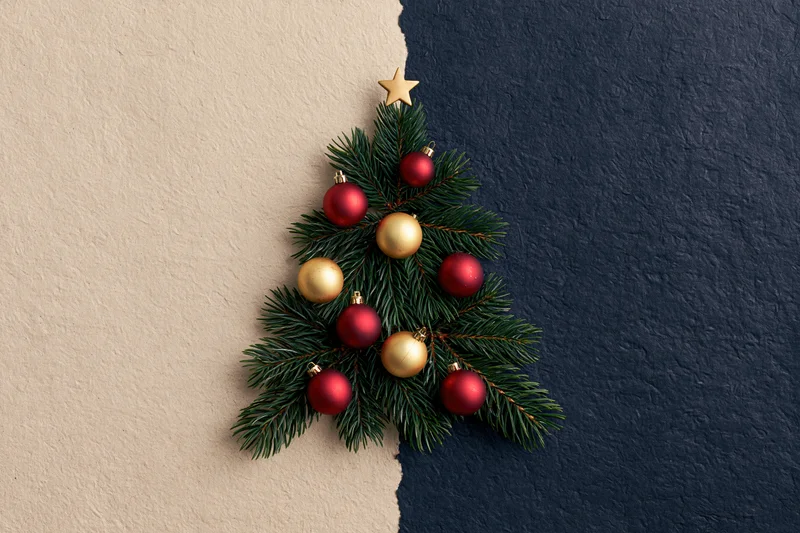 Pine branches arranged as a christmas tree with red and gold ornaments on a split beige and navy textured wall