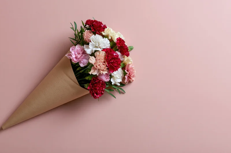Small bouquet of mixed pink red and white carnations wrapped in kraft paper cone on pastel pink surface