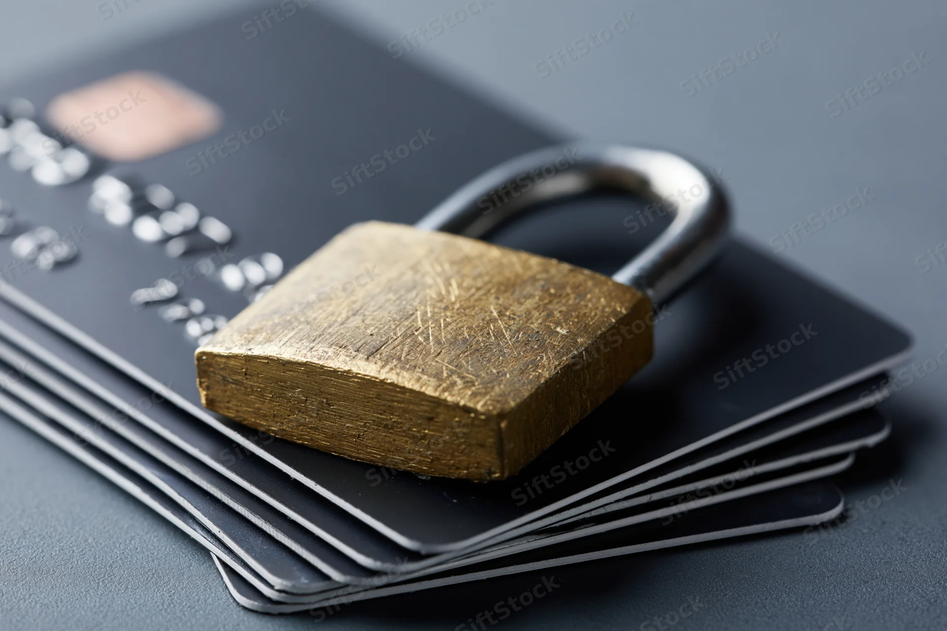 Brass padlock resting on stack of dark matte credit cards