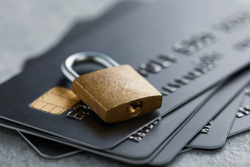 Brass padlock resting on stack of dark matte credit cards on gray surface