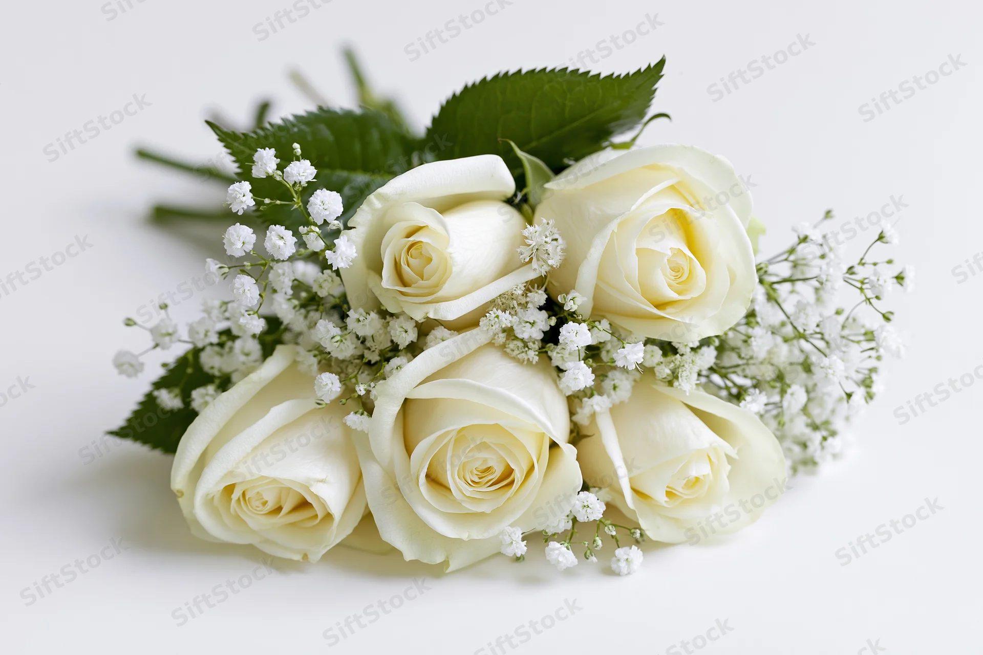 Small bridal bouquet of cream white roses and baby's breath on white background