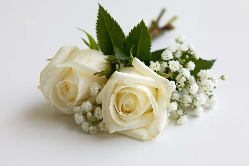 Small bridal bouquet of cream white roses and baby's breath on white background