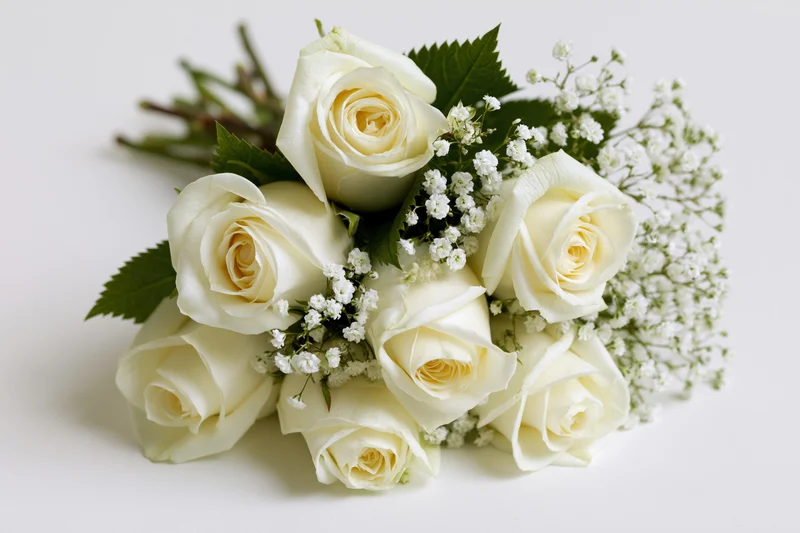 Bridal bouquet of cream white roses and baby's breath on white background