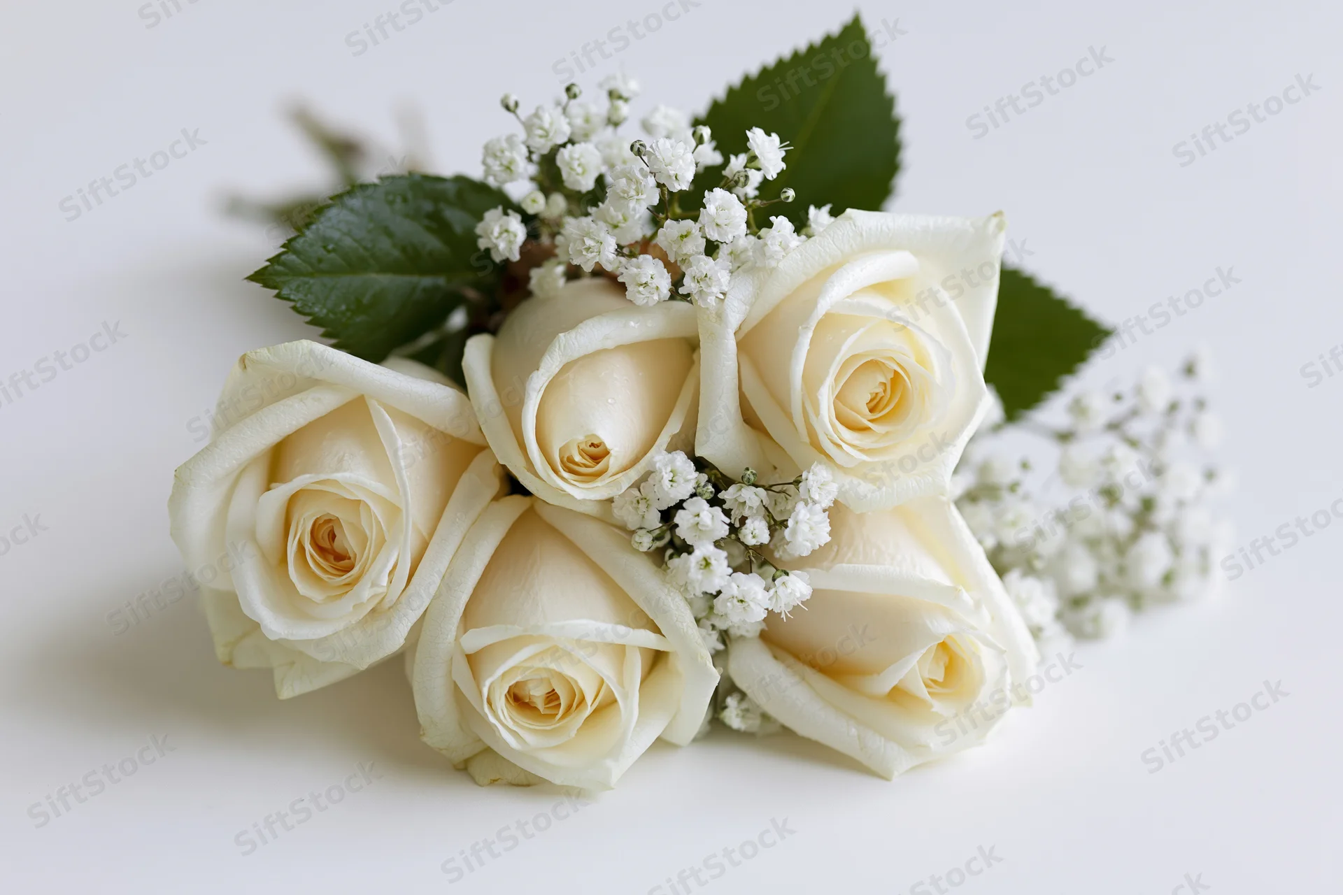 Small bridal bouquet of cream white roses and baby's breath on white surface