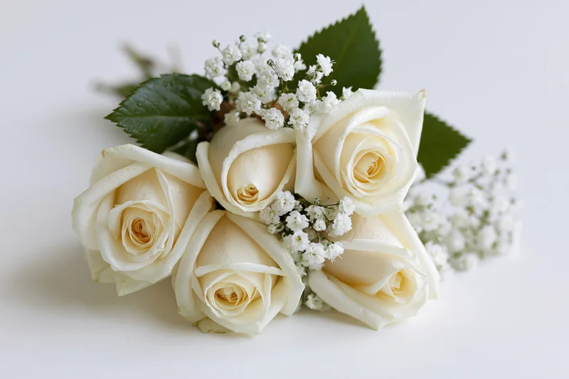 Small bridal bouquet of cream white roses and baby's breath on white surface