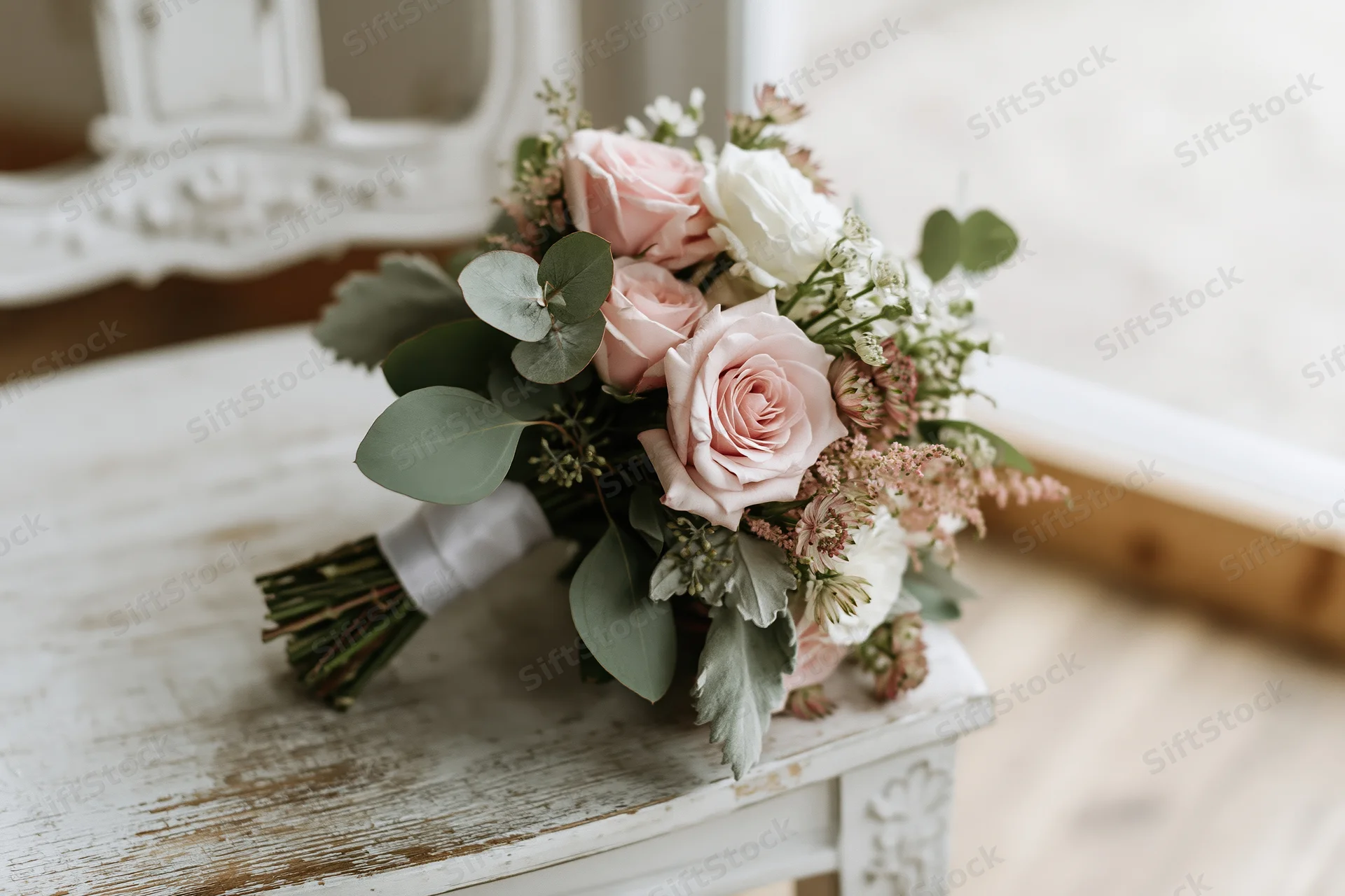 Bridal bouquet with pink and white roses and greenery resting on a distressed white wooden table
