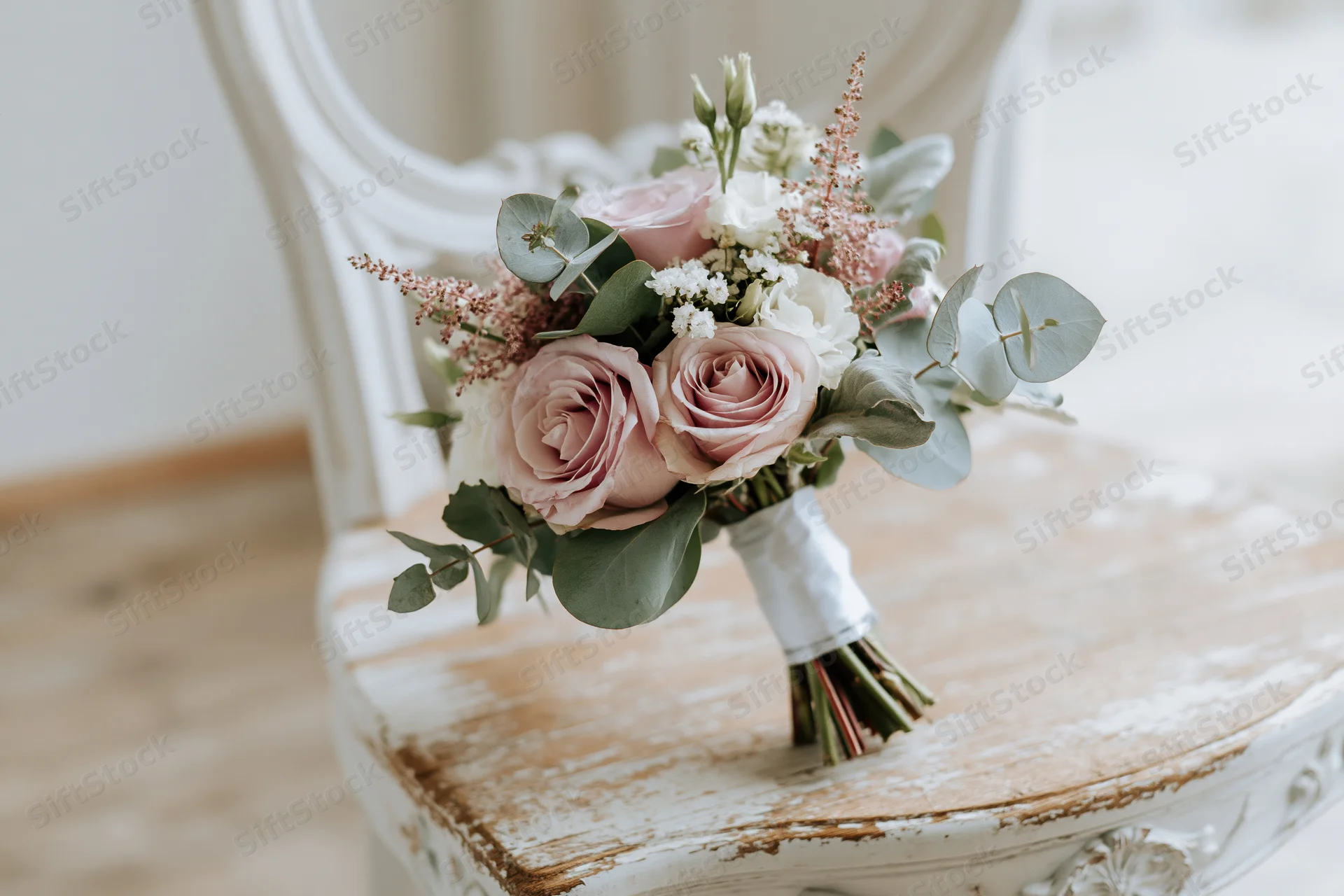 Bridal bouquet with pink roses and eucalyptus resting on a distressed white wooden chair