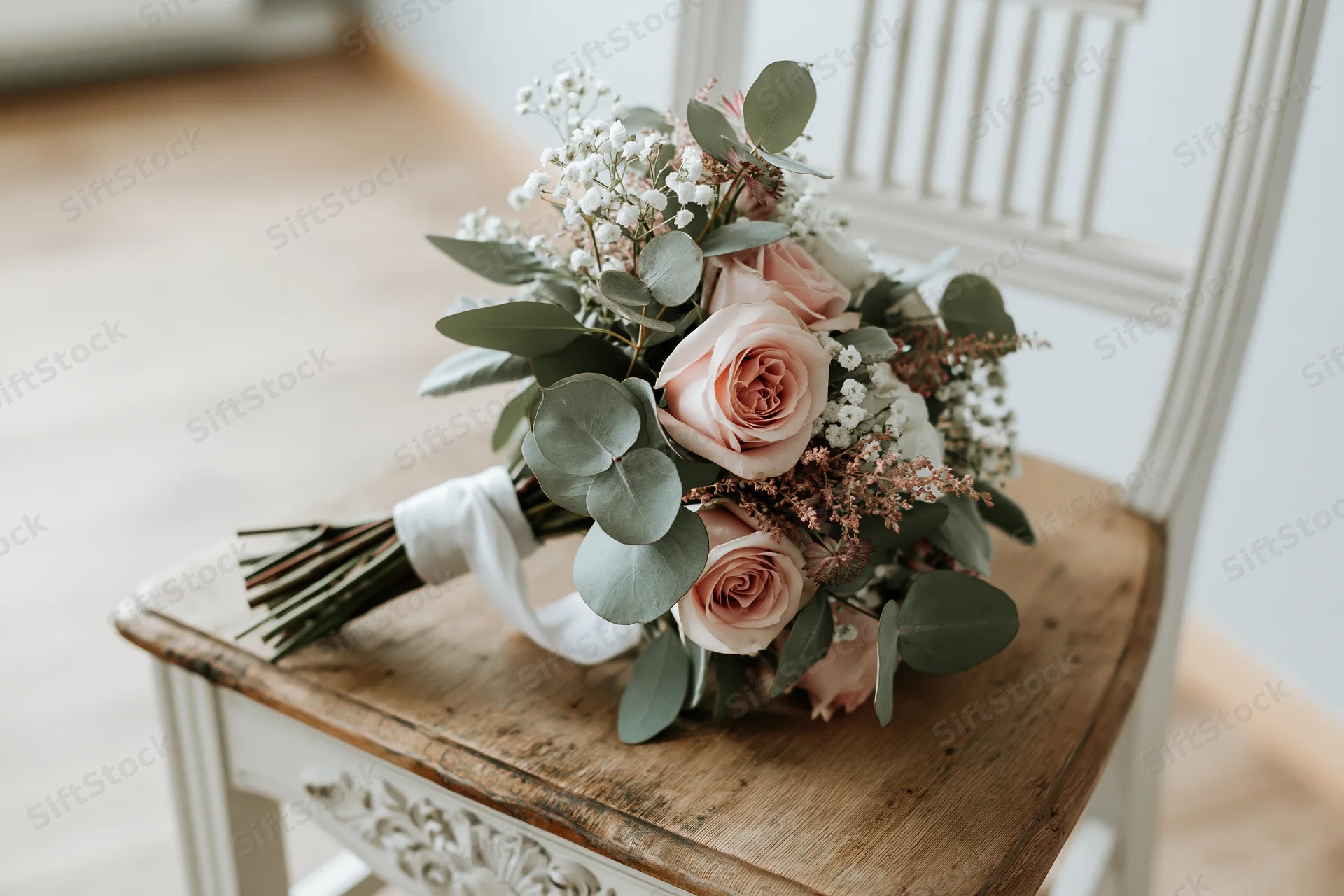 Bridal bouquet with pink roses and greenery resting on a wooden chair