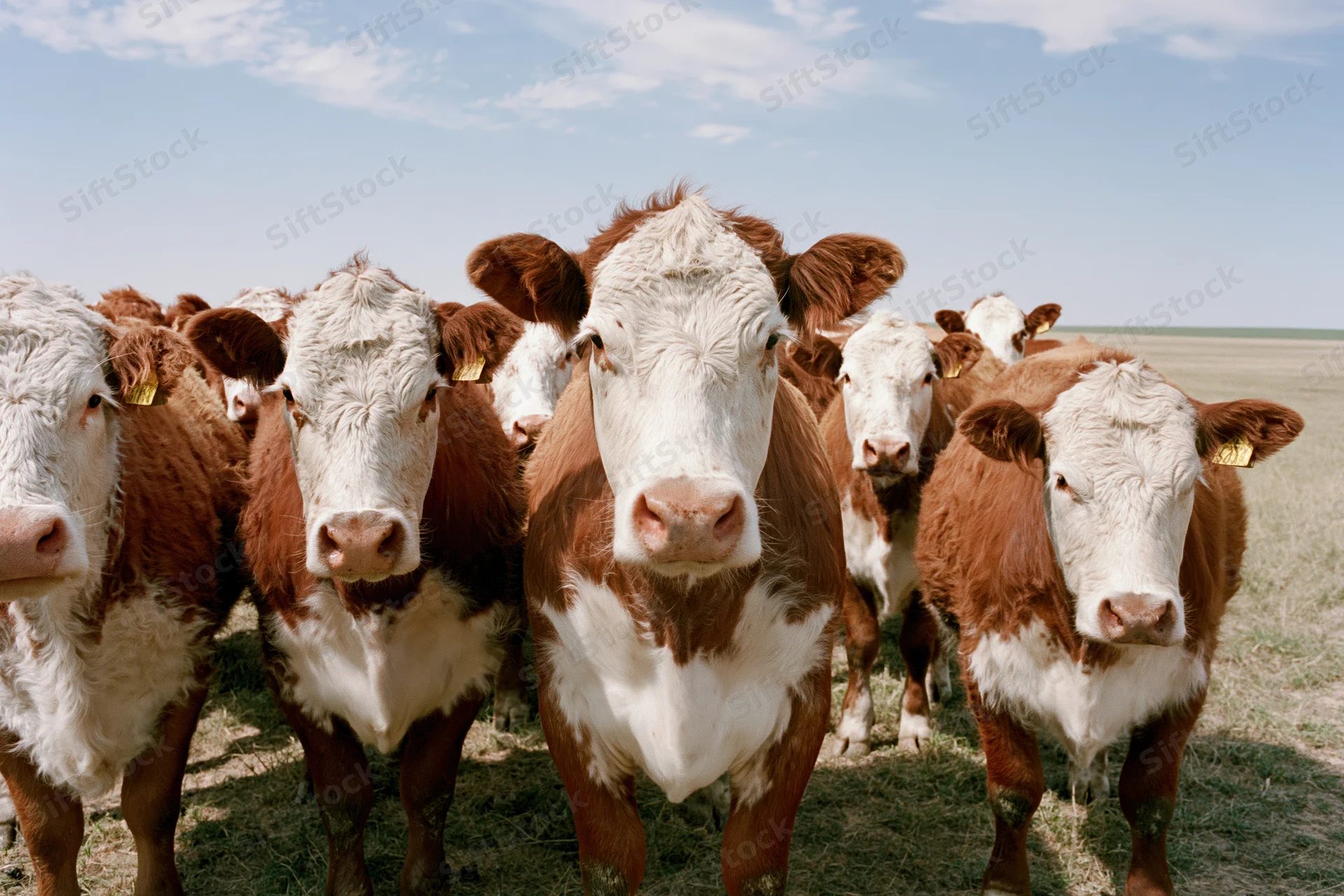 Hereford cattle standing in a grassy pasture under a blue sky