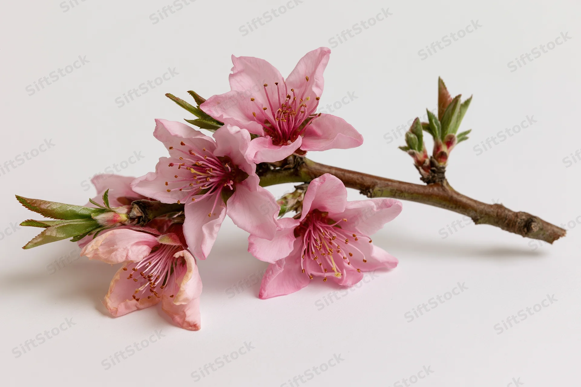 Peach blossom branch with five open pink flowers and buds on white background