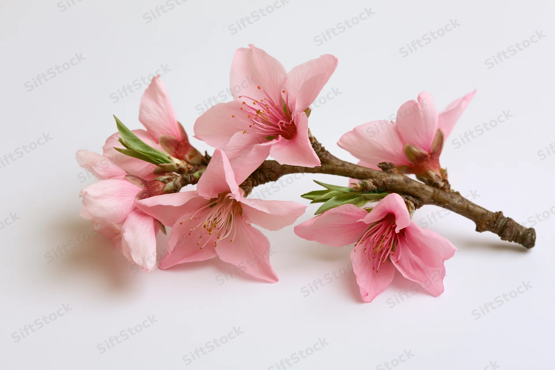 Peach blossom branch with five open pink flowers on white background