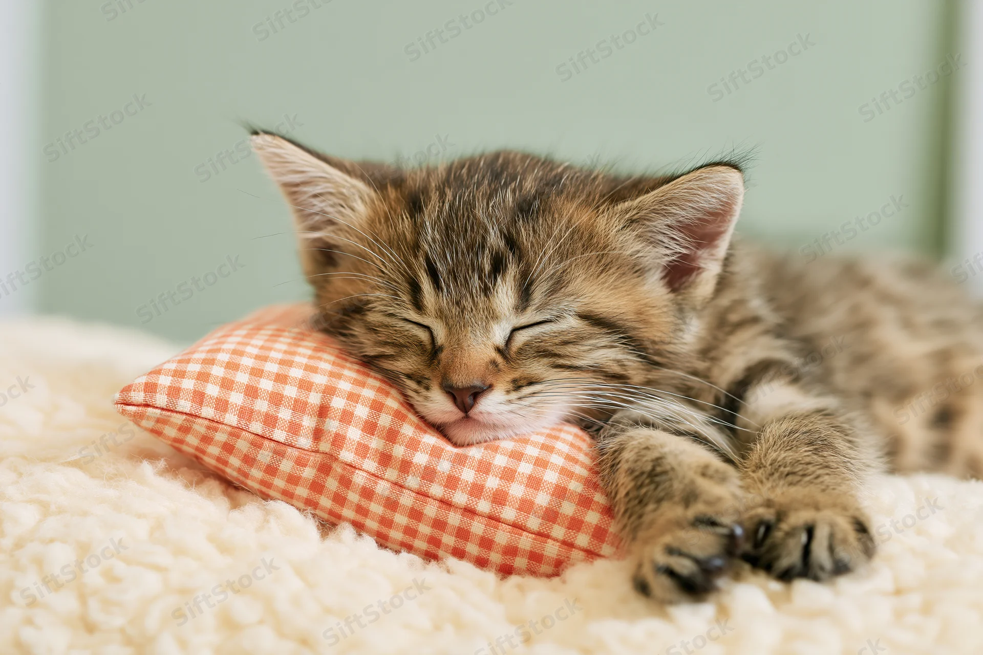 Small tabby kitten sleeping peacefully on a checkered pillow resting on a cream fluffy blanket