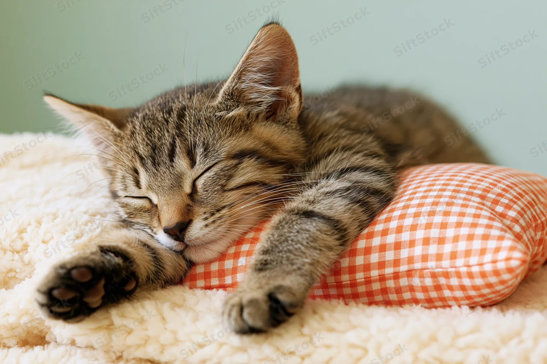 Tabby kitten sleeping on a checkered pillow atop a cream fluffy blanket