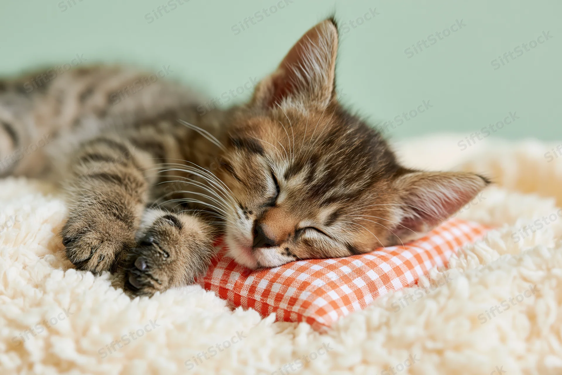 Small tabby kitten sleeping peacefully on a cream fluffy blanket with a checkered pillow