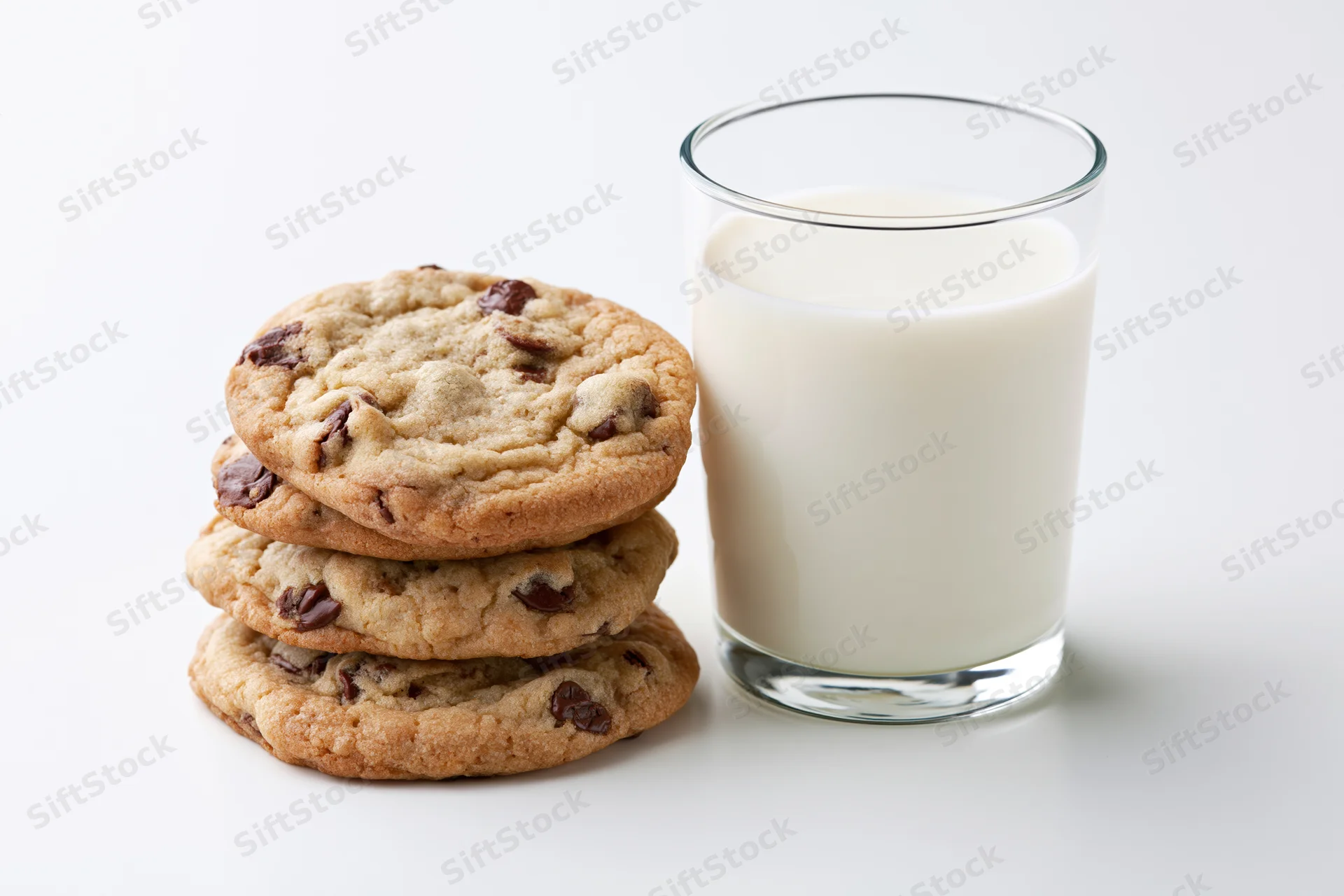 Stack of chocolate chip cookies beside a full glass of milk on white background