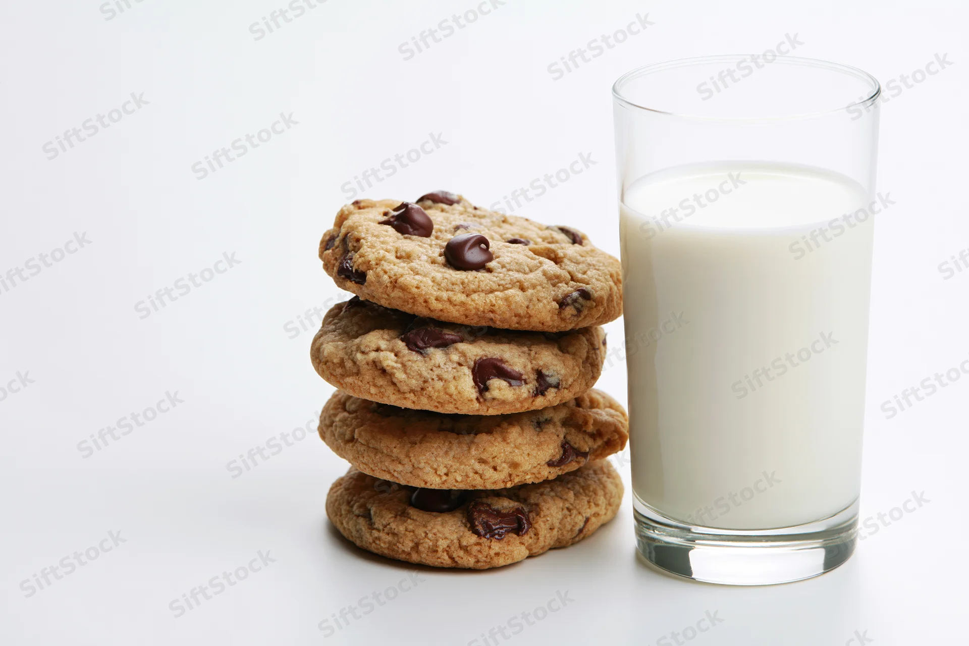 Stack of chocolate chip cookies beside a full glass of milk on white background