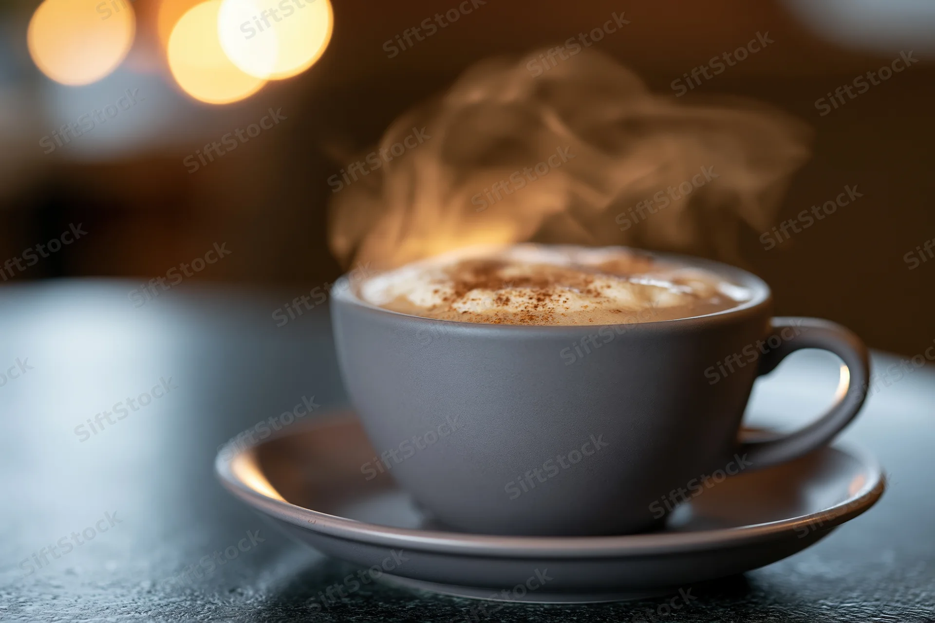 Steaming cappuccino in a matte grey ceramic cup on a dark table with warm bokeh lights in the background