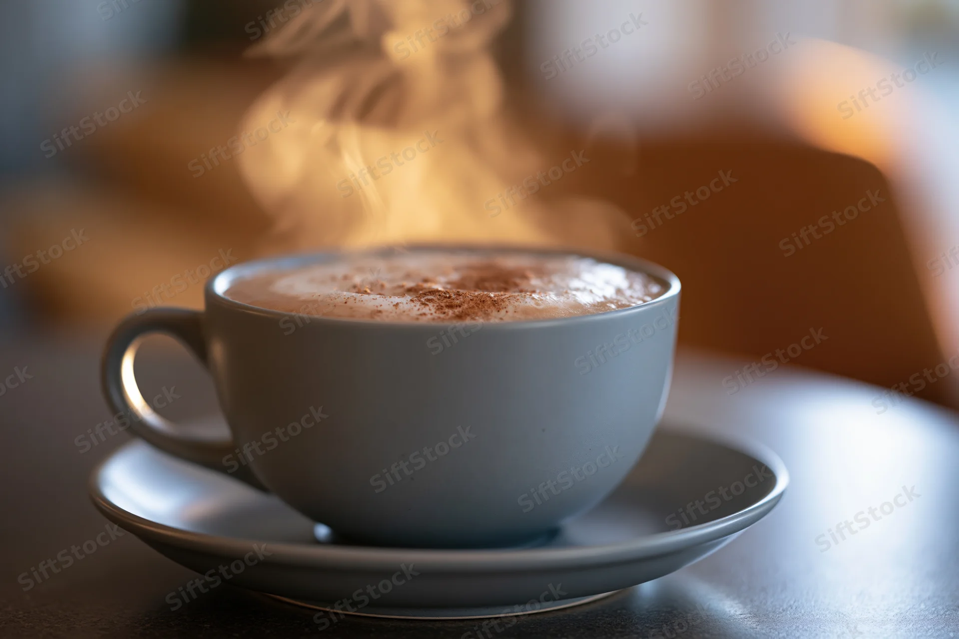 Steaming cappuccino in a matte grey ceramic cup on a saucer on a table