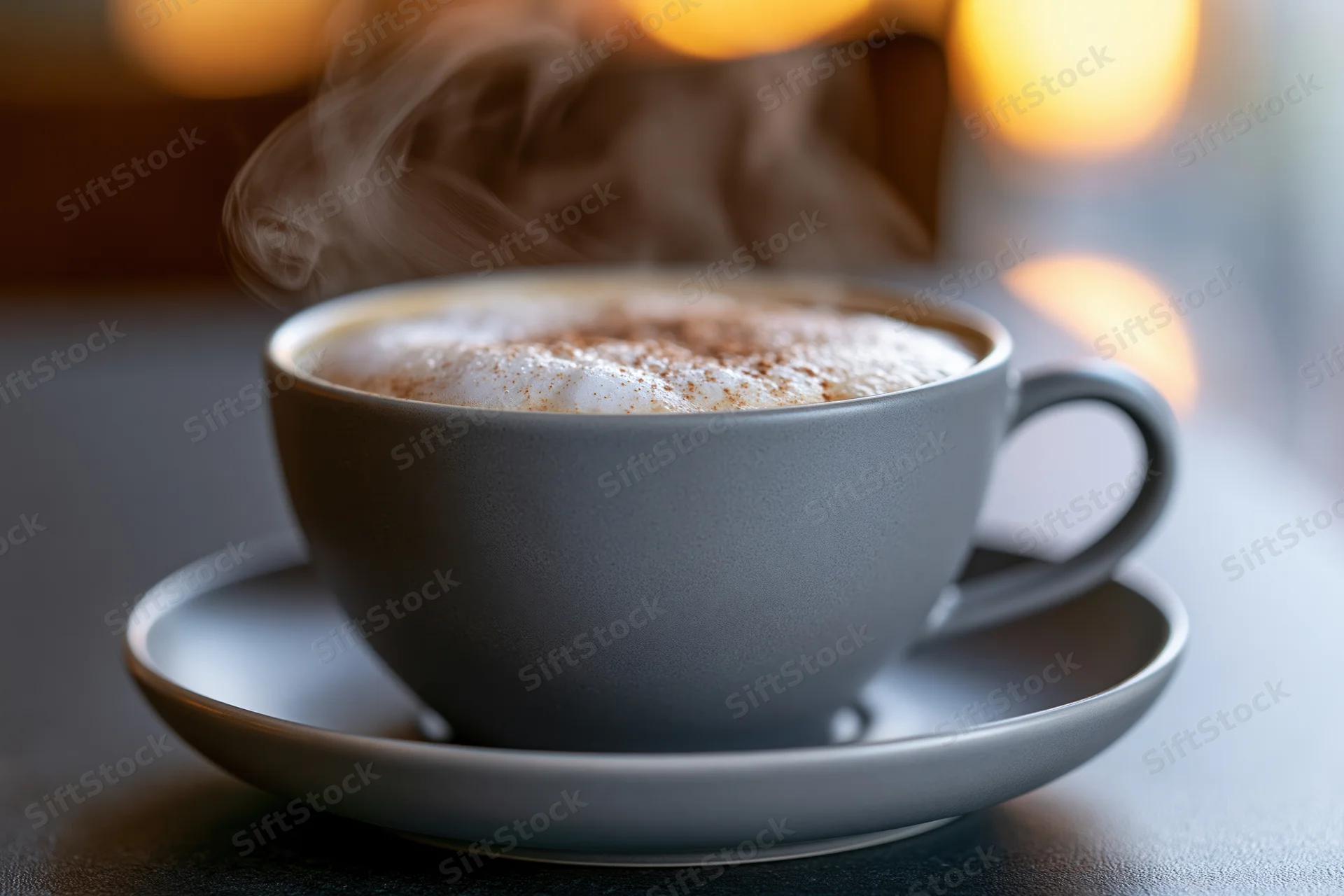 Steaming cappuccino in a matte grey ceramic cup on a saucer with cinnamon sprinkled on foam, on a dark table with warm bokeh lights in background