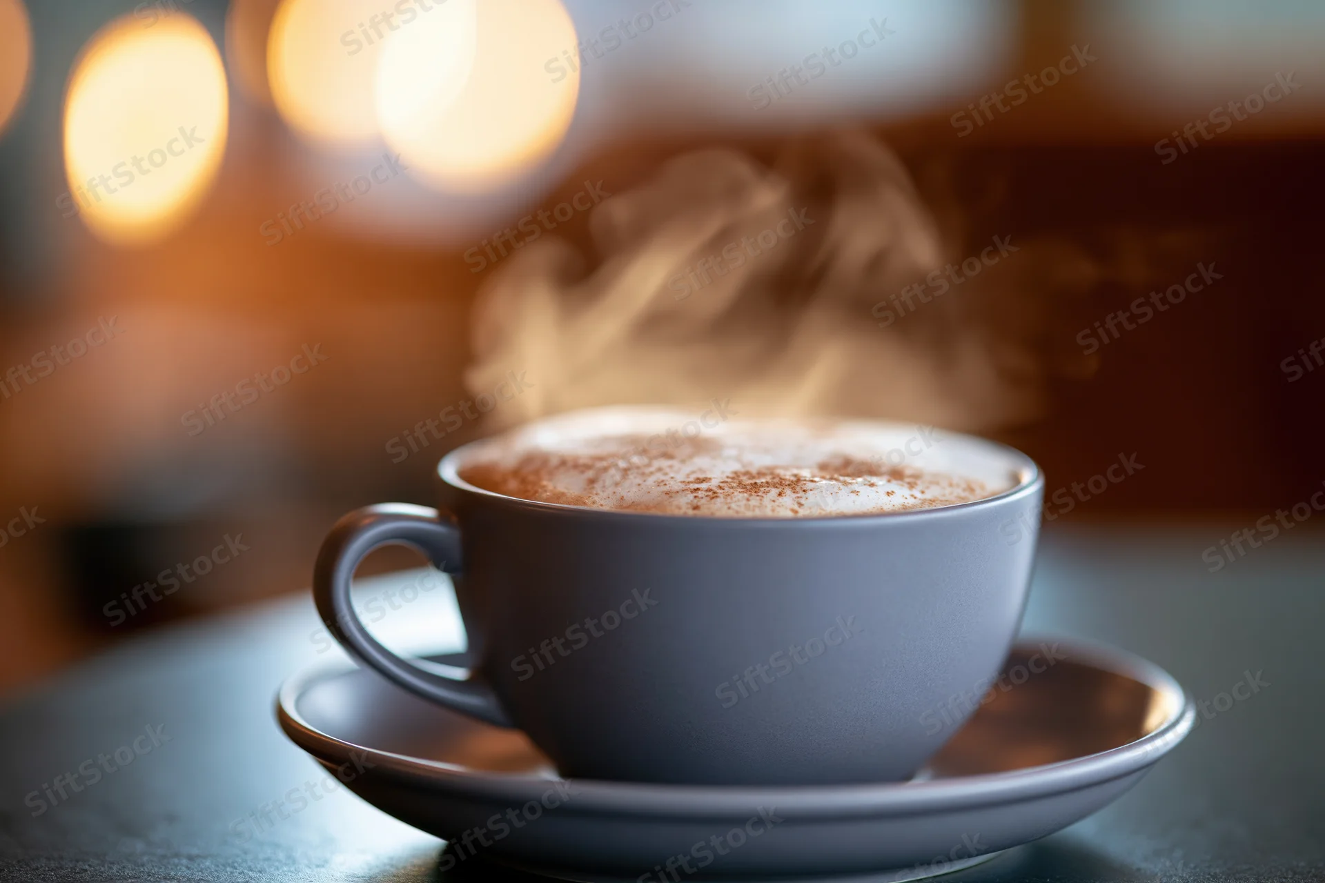 Steaming cappuccino in a matte grey ceramic cup on a saucer on a table