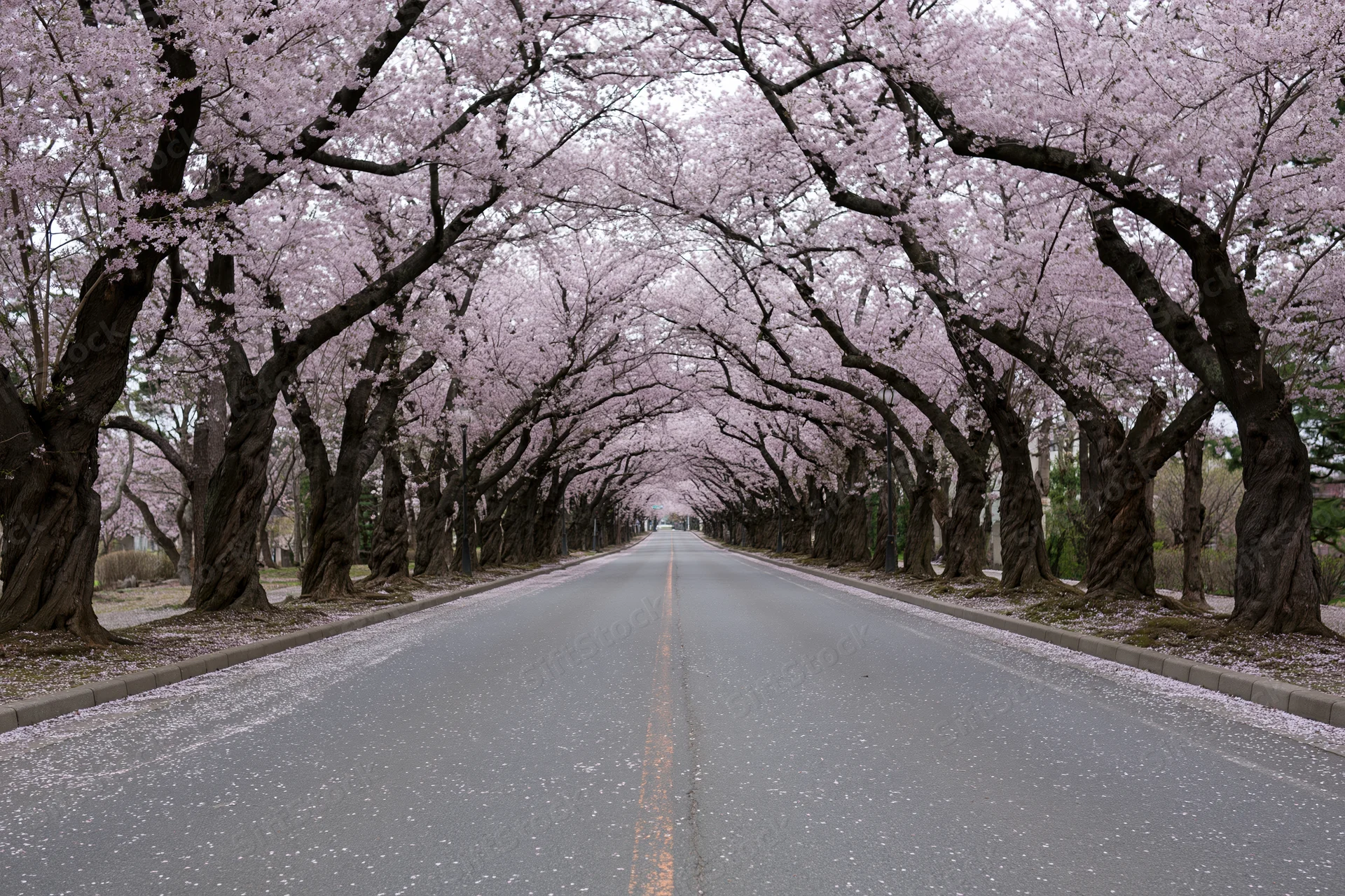 Straight road lined with blooming cherry trees forming a floral tunnel in spring
