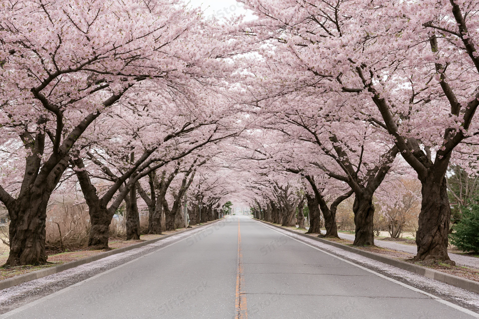 Straight road lined with blooming cherry trees forming a floral canopy over the pavement