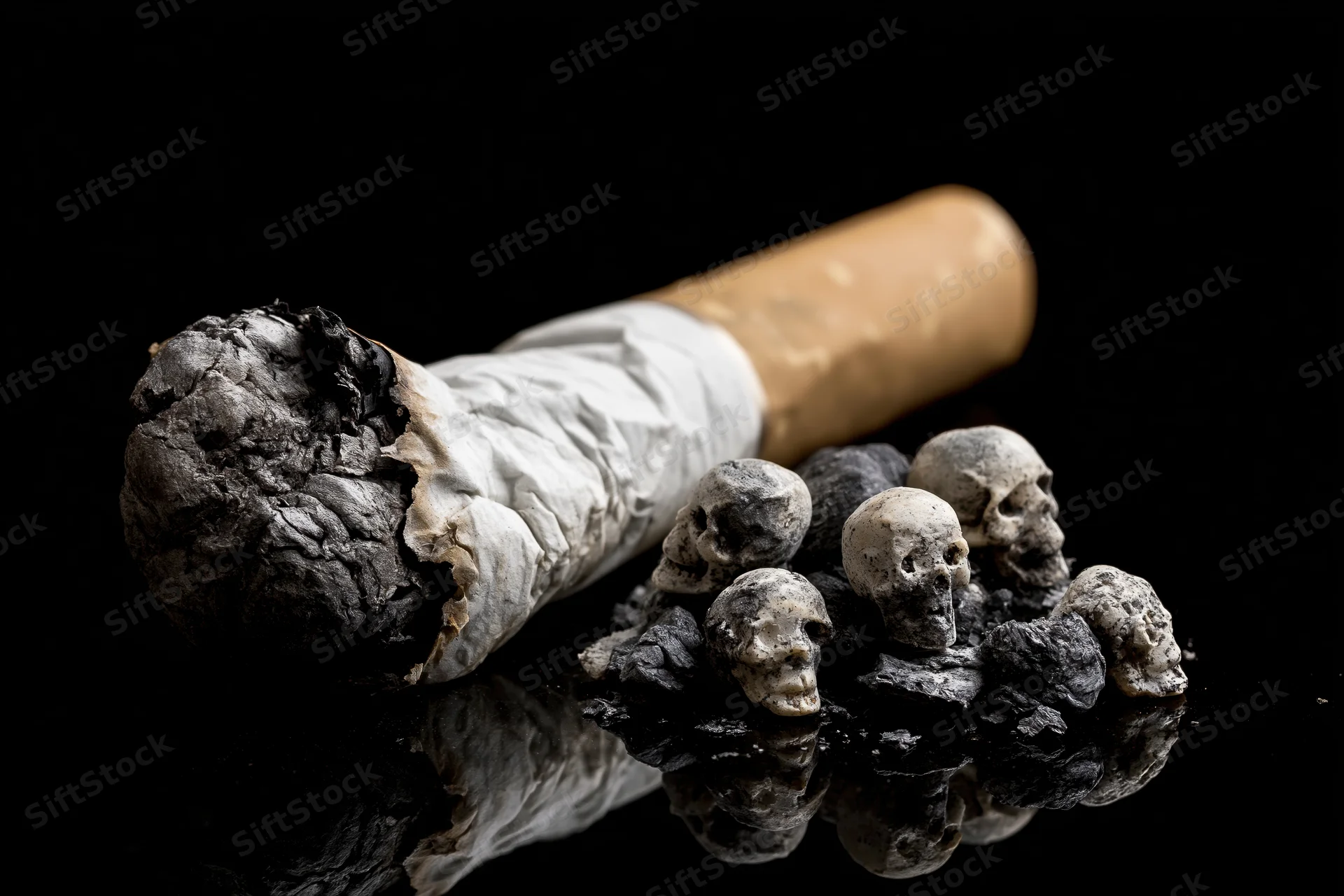 Stubbed-out cigarette resting on a pile of small skulls on a reflective black surface