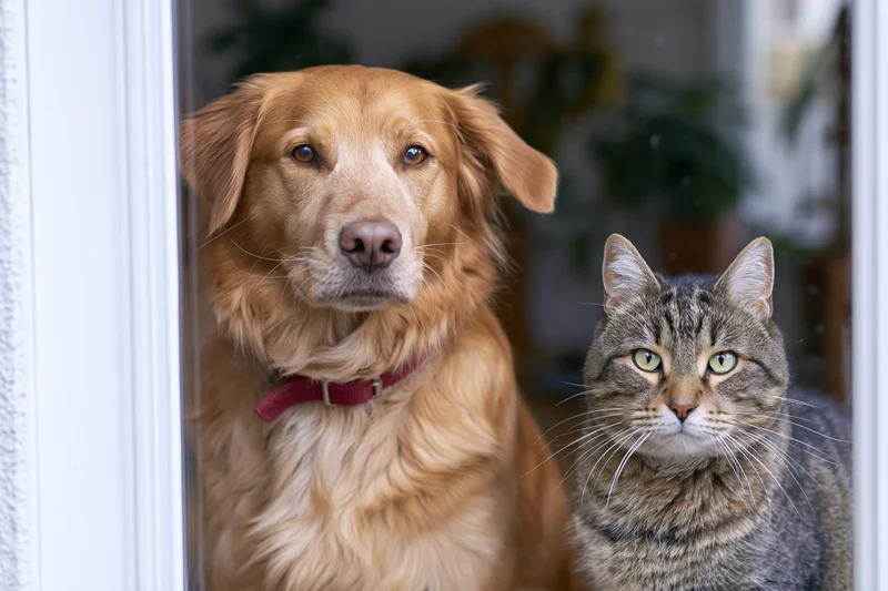 Golden dog and tabby cat looking through window at home