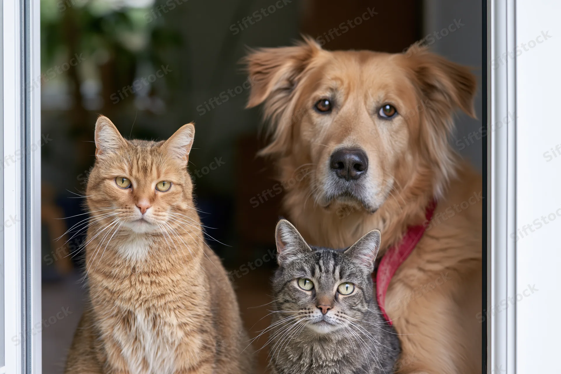 Dog and two cats looking through a window frame at home