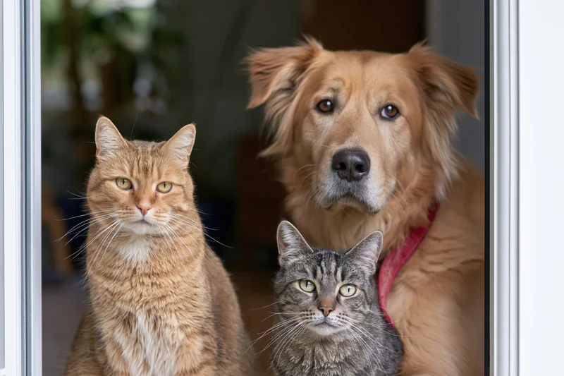 Dog and two cats looking through a window frame at home